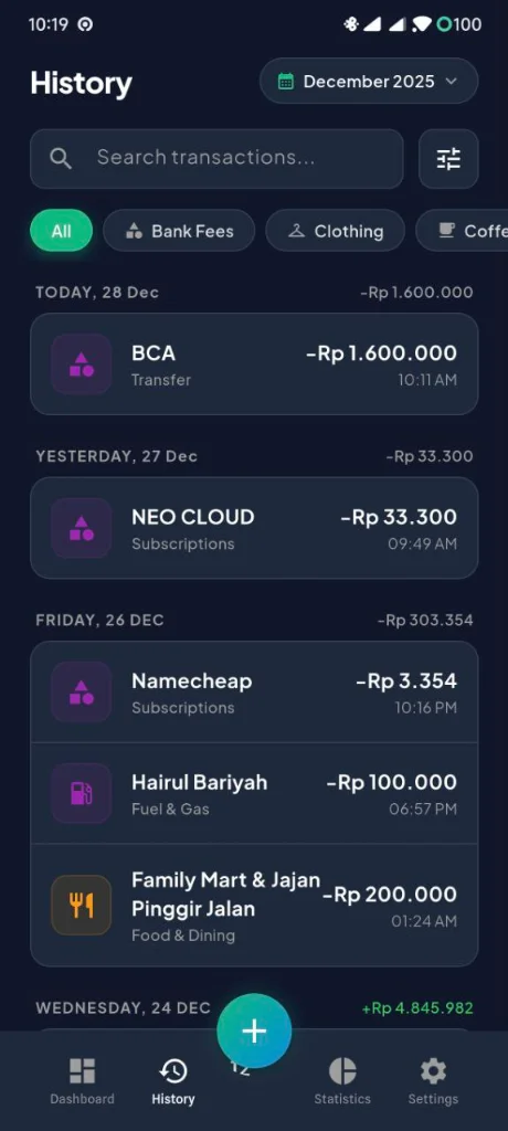 Transaction history showing categorized expenses