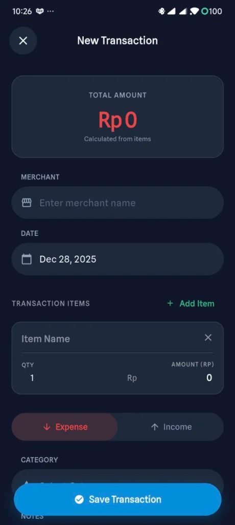 Manual transaction entry form with category selection